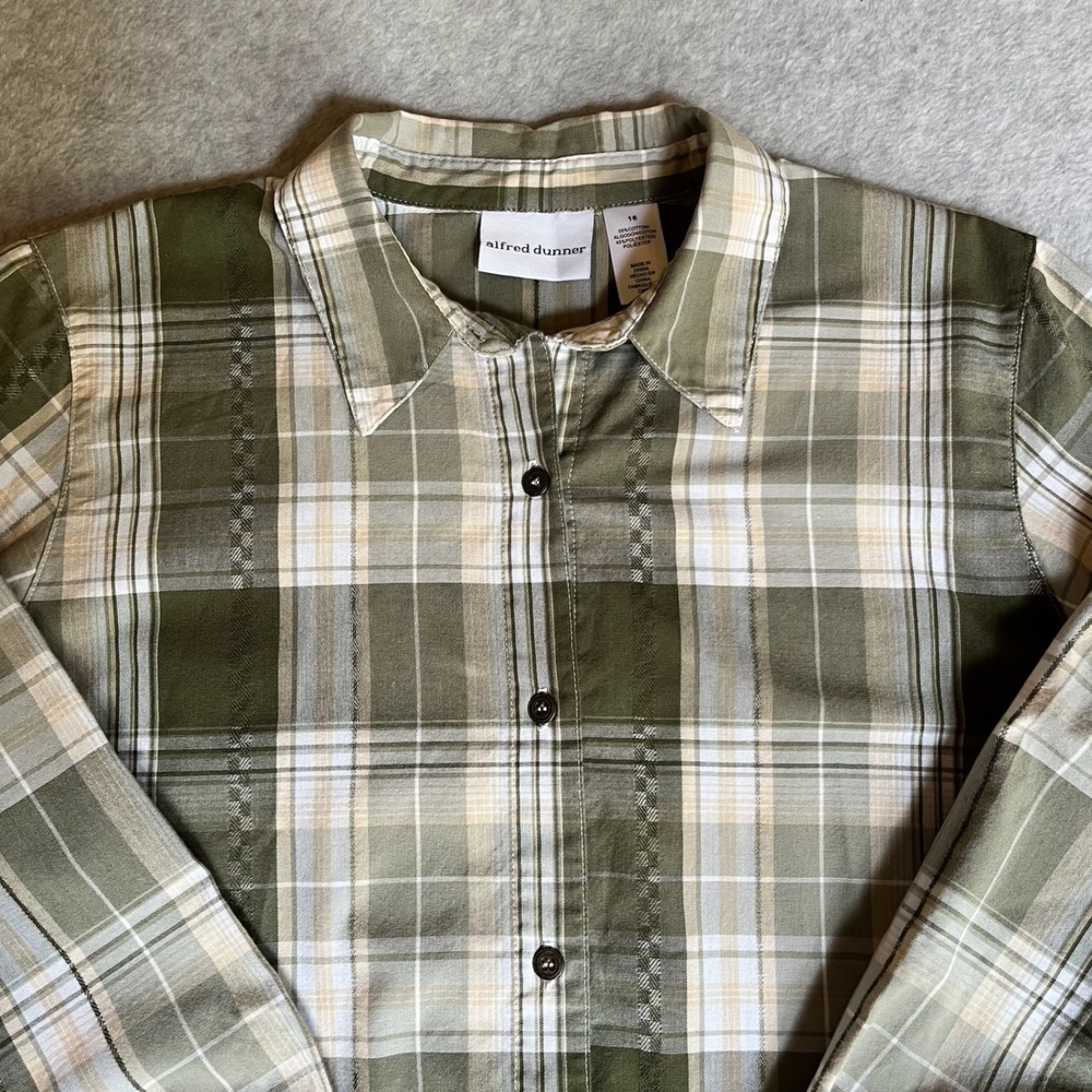 Alfred Dunner Womens 16 Olive Green Plaid Button Down Long Sleeve Shirt Cotton